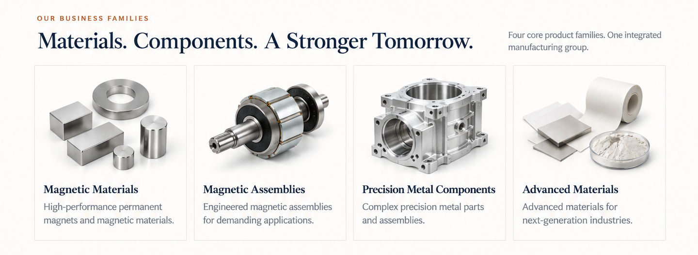 Magnetic Materials, Magnetic Assemblies, Precision Metal Components and Advanced Materials. Materials. Components. A Stronger Tomorrow.