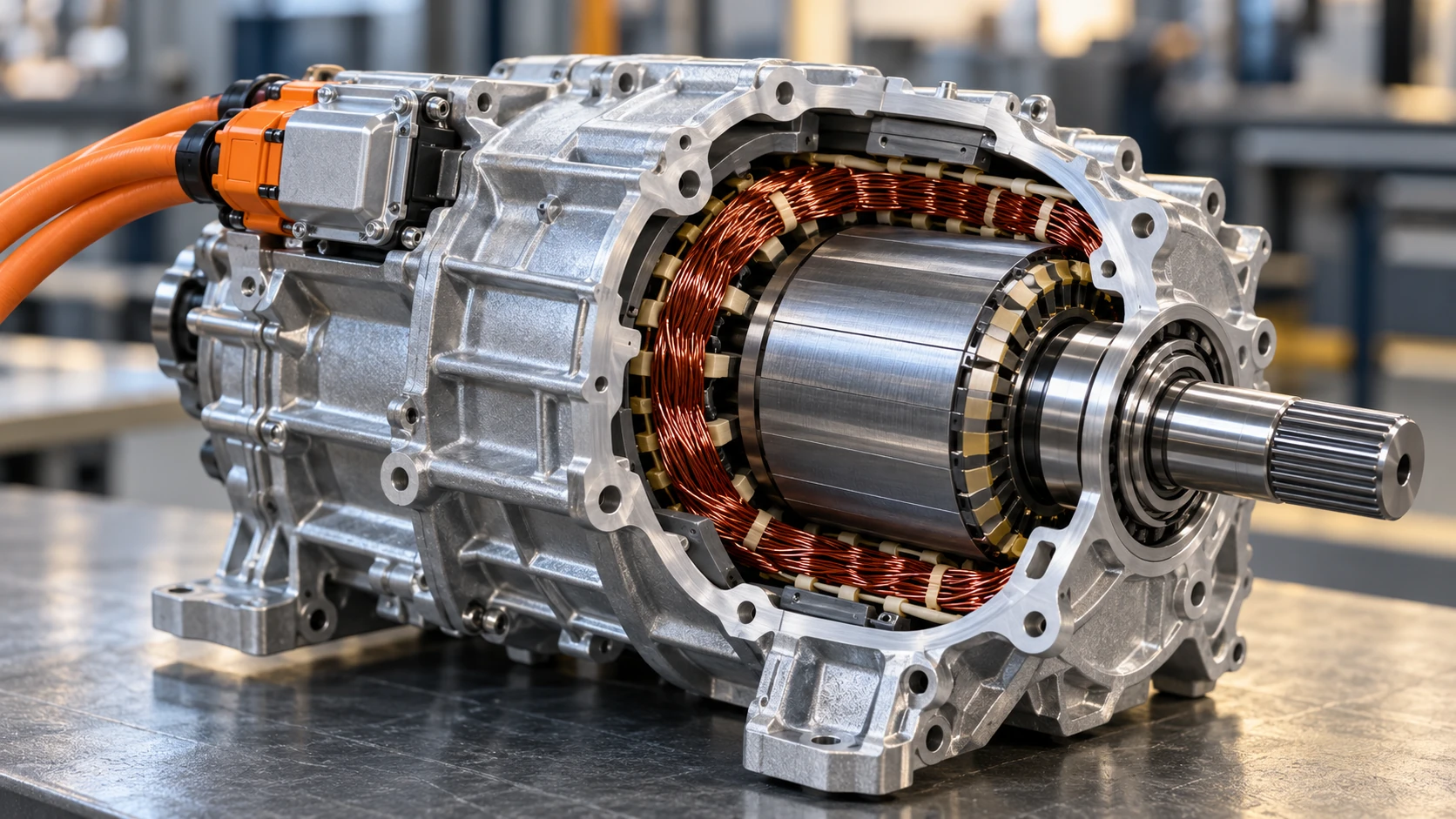 Electric motor rotor, stator windings and high-voltage connections