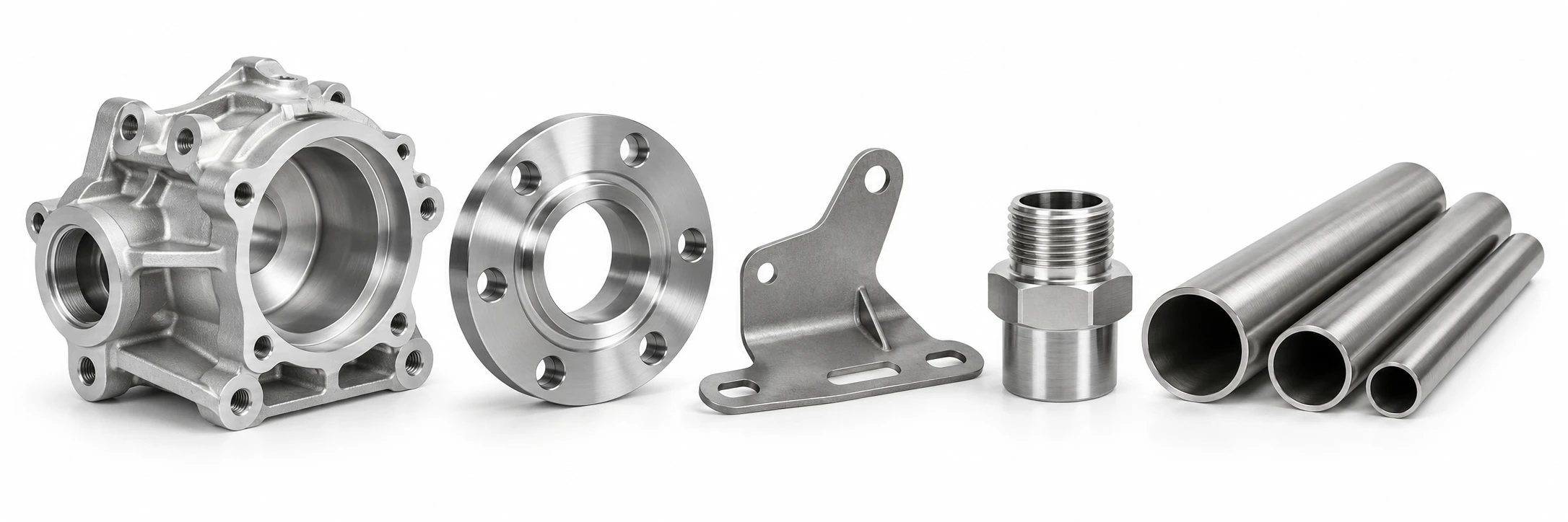 Cast and machined metal components, stamped parts and tubes