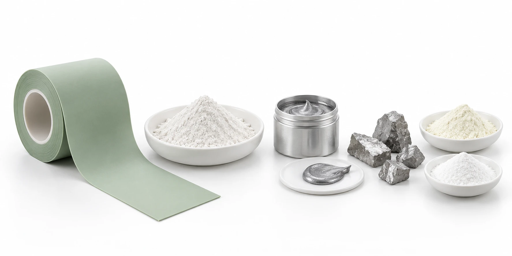 Ceramic powders, green tape, silver paste and rare-earth material forms