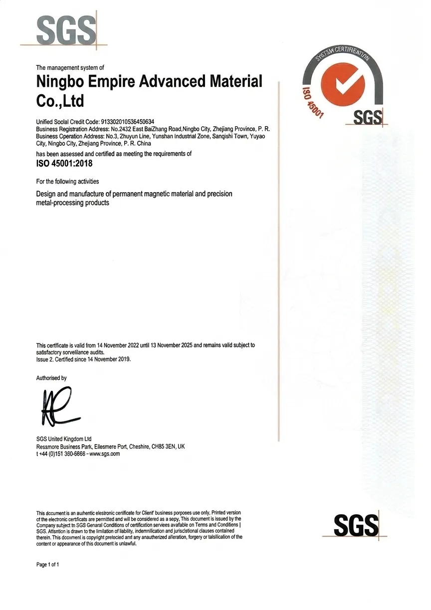 ISO 45001:2018 certificate — Ningbo Empire