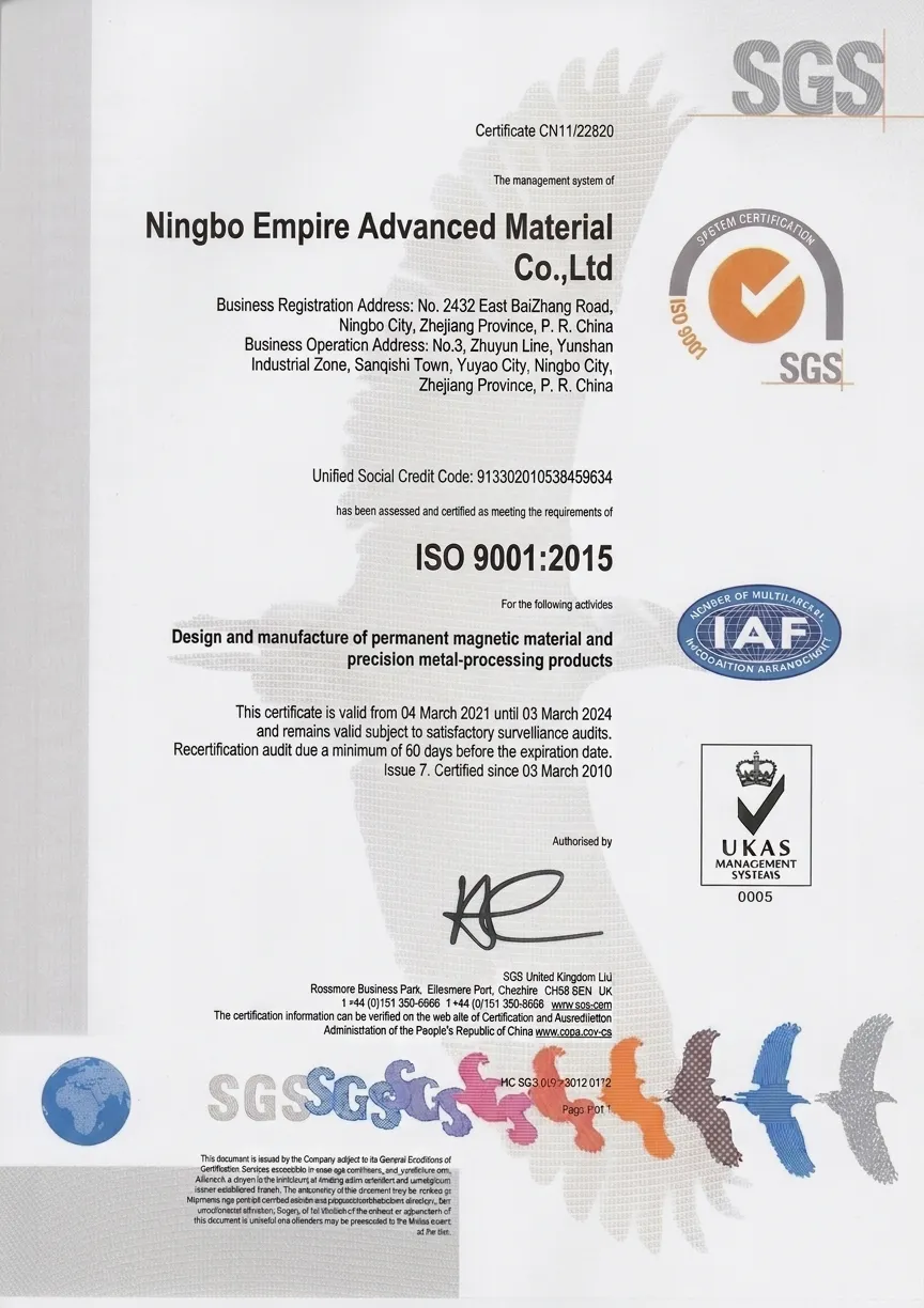 ISO 9001:2015 certificate — Ningbo Empire