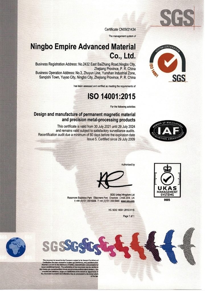 ISO 14001:2015 environmental management system certificate issued by SGS